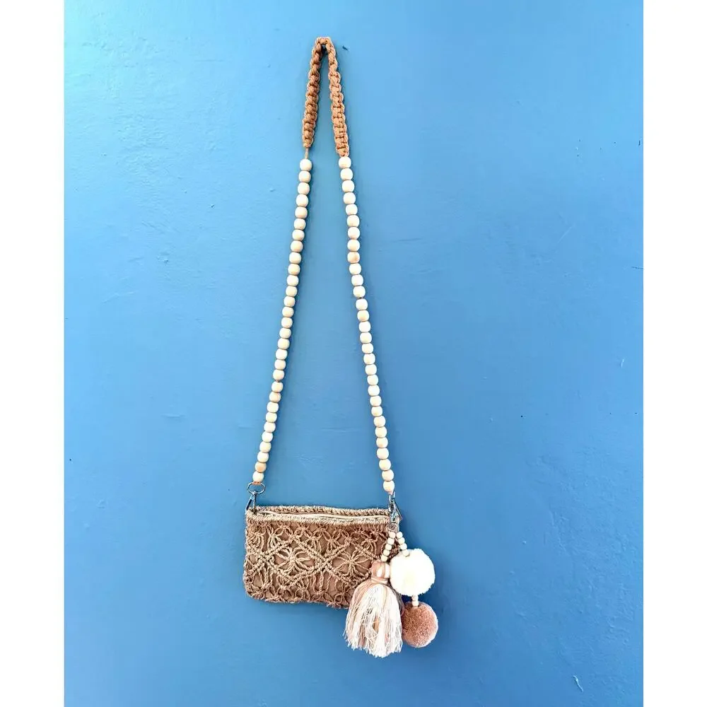 Boho Straw Macrame Crossbody Bag Natural Wood Bead Strap Purse Tassels Pom Poms